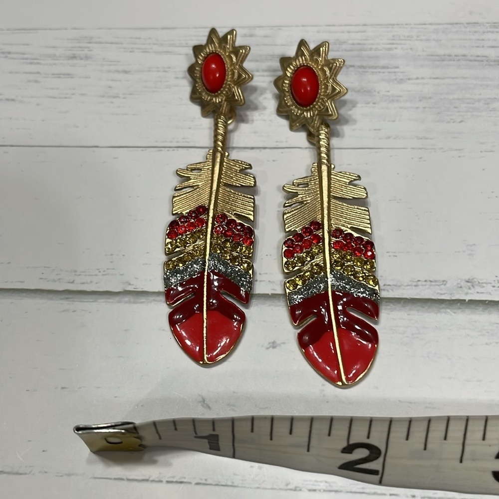 Stylish Red And Rhinestone Feather Gold Drop Earrings - Picture 12 of 14